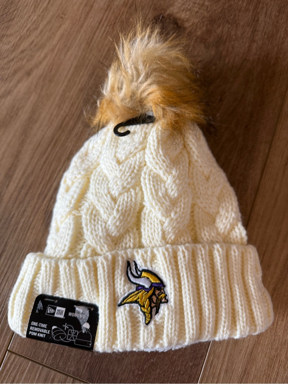 New Era Cream Cable Knit Beanie with Gold Pom and Team Patch Vikings